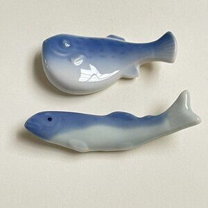 Blue Ceramic Fish Mini Figurines Chopstick Rest Blue White Decor Beach